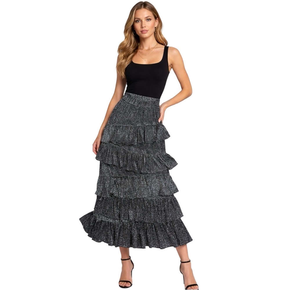 CQbyCQ Metallic Tiered Maxi Skirt S Western Cowgirl Glam Nashville Getaway